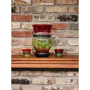 Vintage Pier 1 Hurricane Vase & 2 Votive Candle Holders, Hand Painted